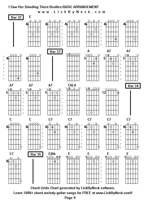 Chord Grids Chart of chord melody fingerstyle guitar song-I Saw Her Standing There-Beatles-BASIC ARRANGEMENT,generated by LickByNeck software.